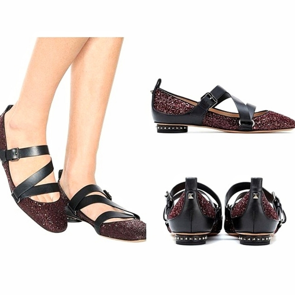 Valentino Garavani Rockstud Glitter Harness Strappy Leather Ballerina Fl… - Picture 12 of 12